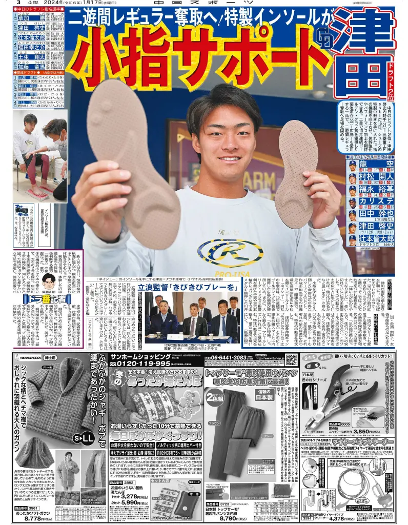 中日スポーツに掲載された津田啓史選手とNASYUインソールの記事